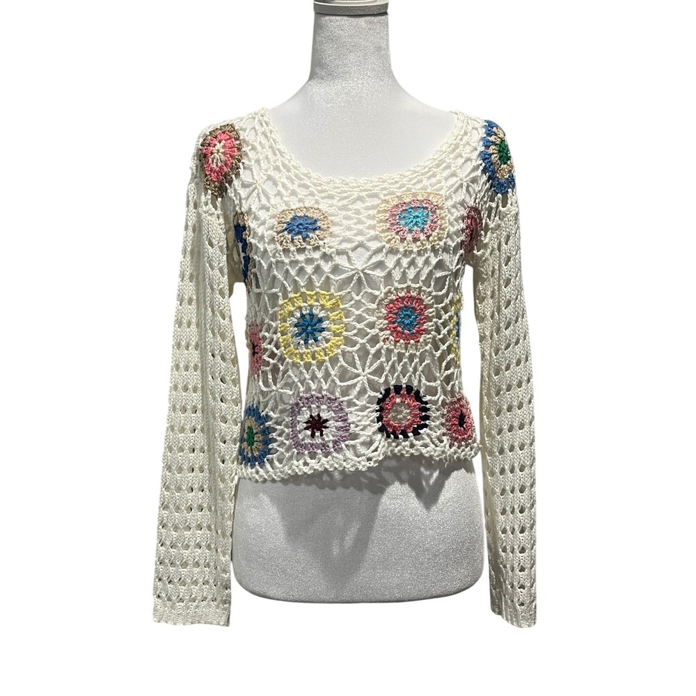 Debut Crochet Sweater Womens XS Cream Excellent Granny Square Floral Boho W9409